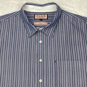 PINK Thomas Pink Casual Shirt Mens XL Blue w/Pink-White Stripes Contrasting Trim